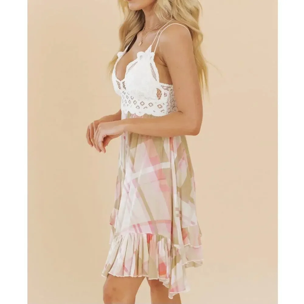 FP Intimately Free People Adella Mini Slip Dress Sz Large Pink Plaid Ruffle $98 - Picture 9 of 16